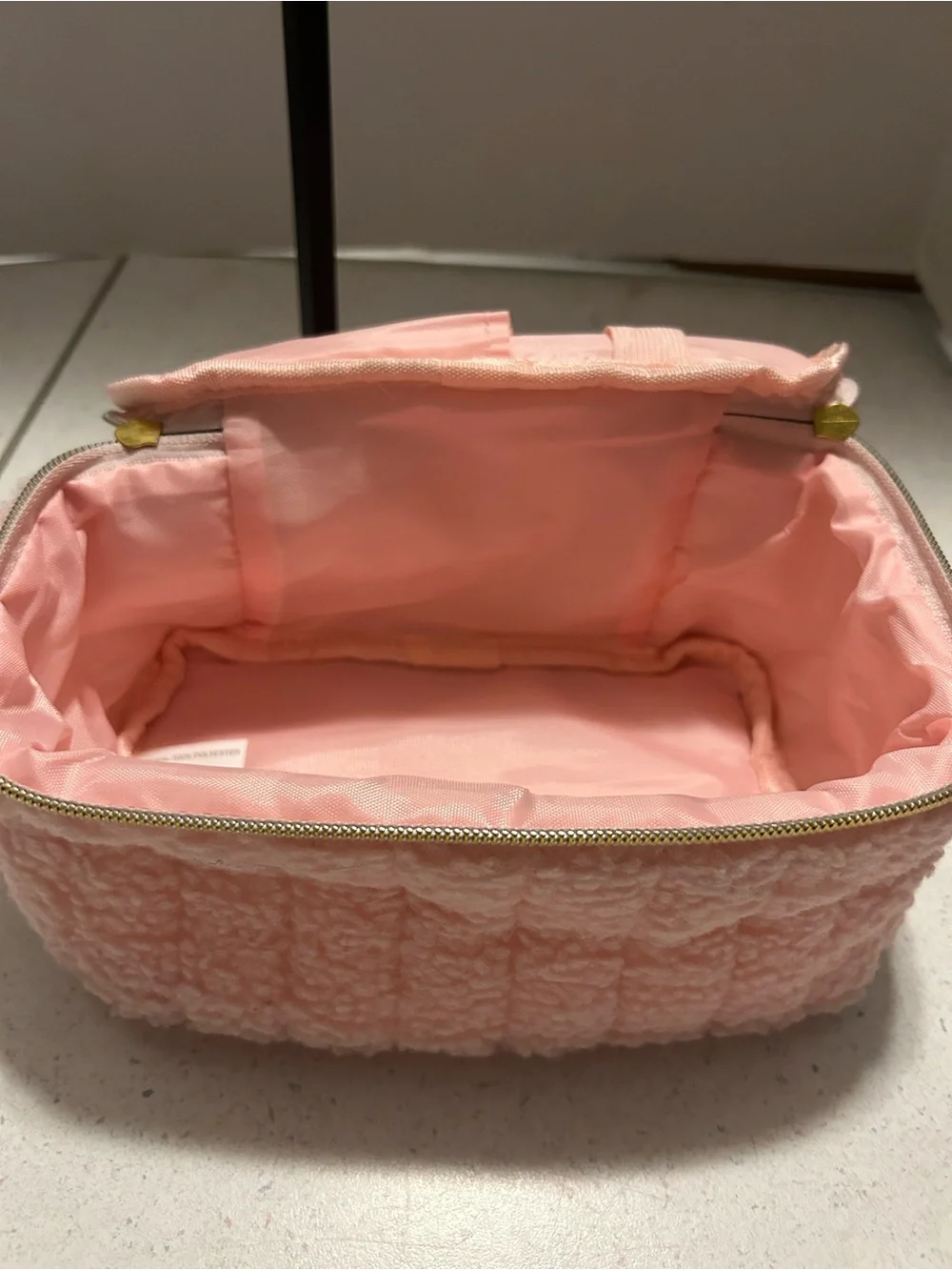 Pink Sherpa Cosmetic Train Case with Top Handle and Cosmetics